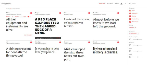 进入Google Fonts网站，点选想用(yòng)的字型，并可(kě)依需求选择想要的字型样式、大小(xiǎo)变化等。